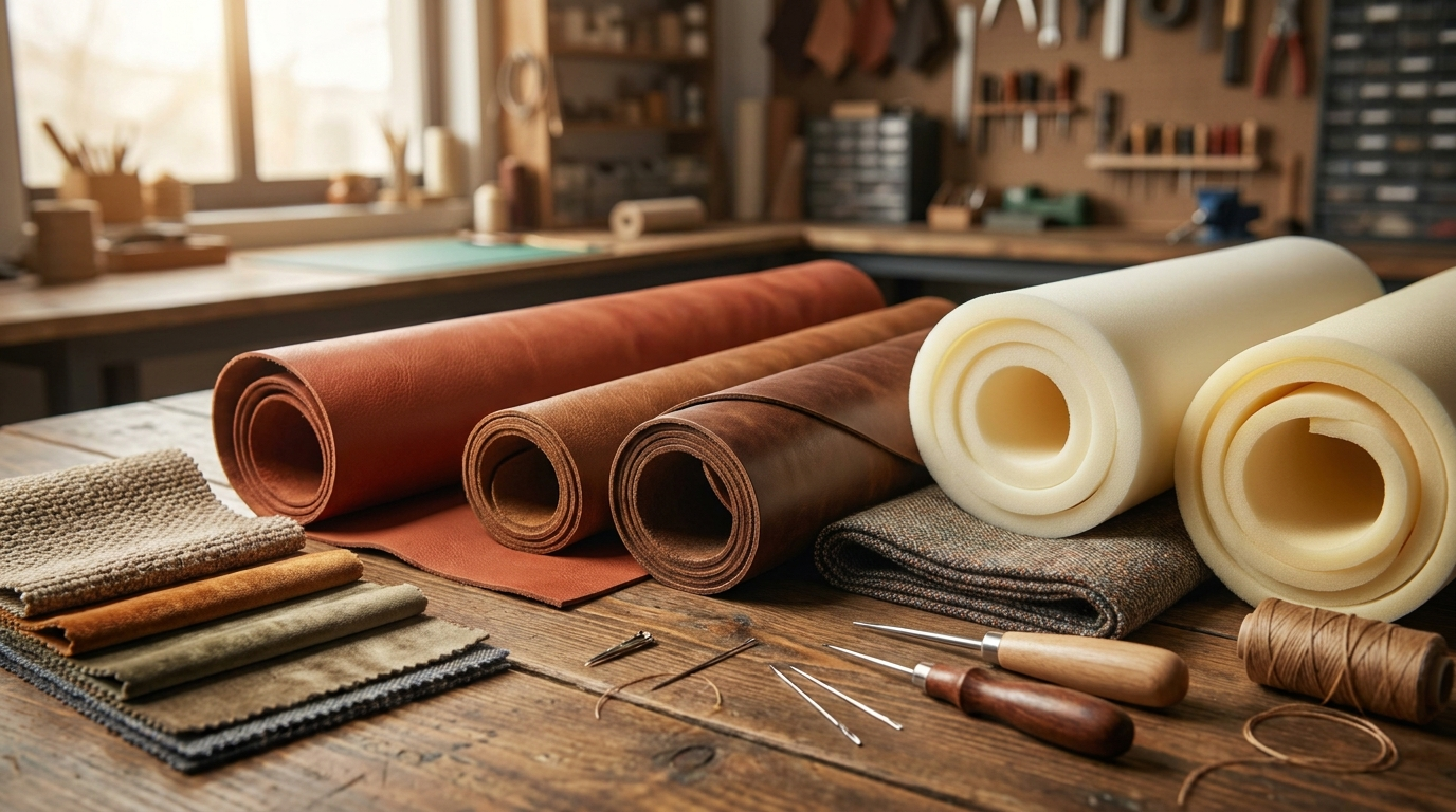 Leather rolls and upholstery fabric in a workshop